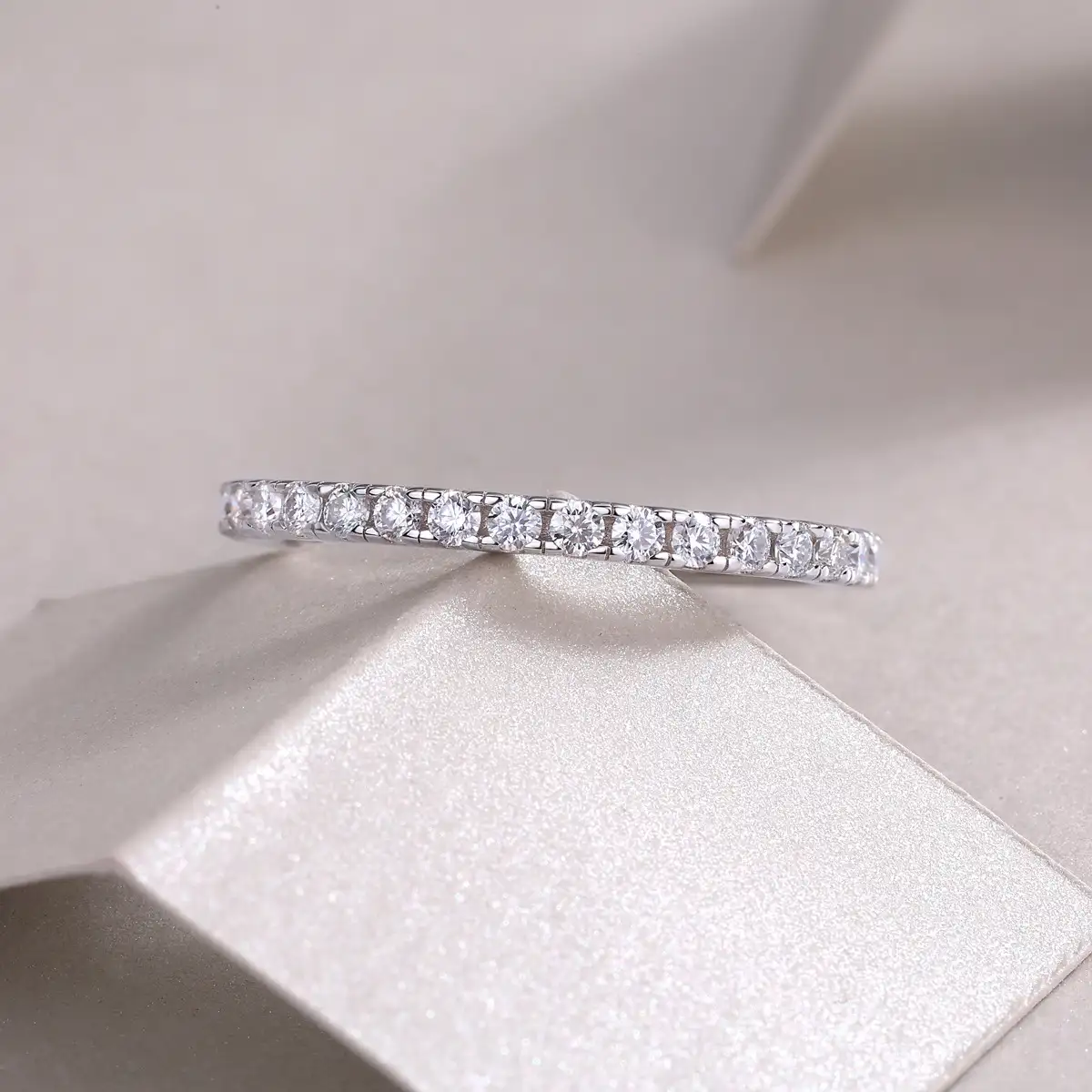 Dainty Womens Silver Thin Moissanite Wedding Band - Image 4