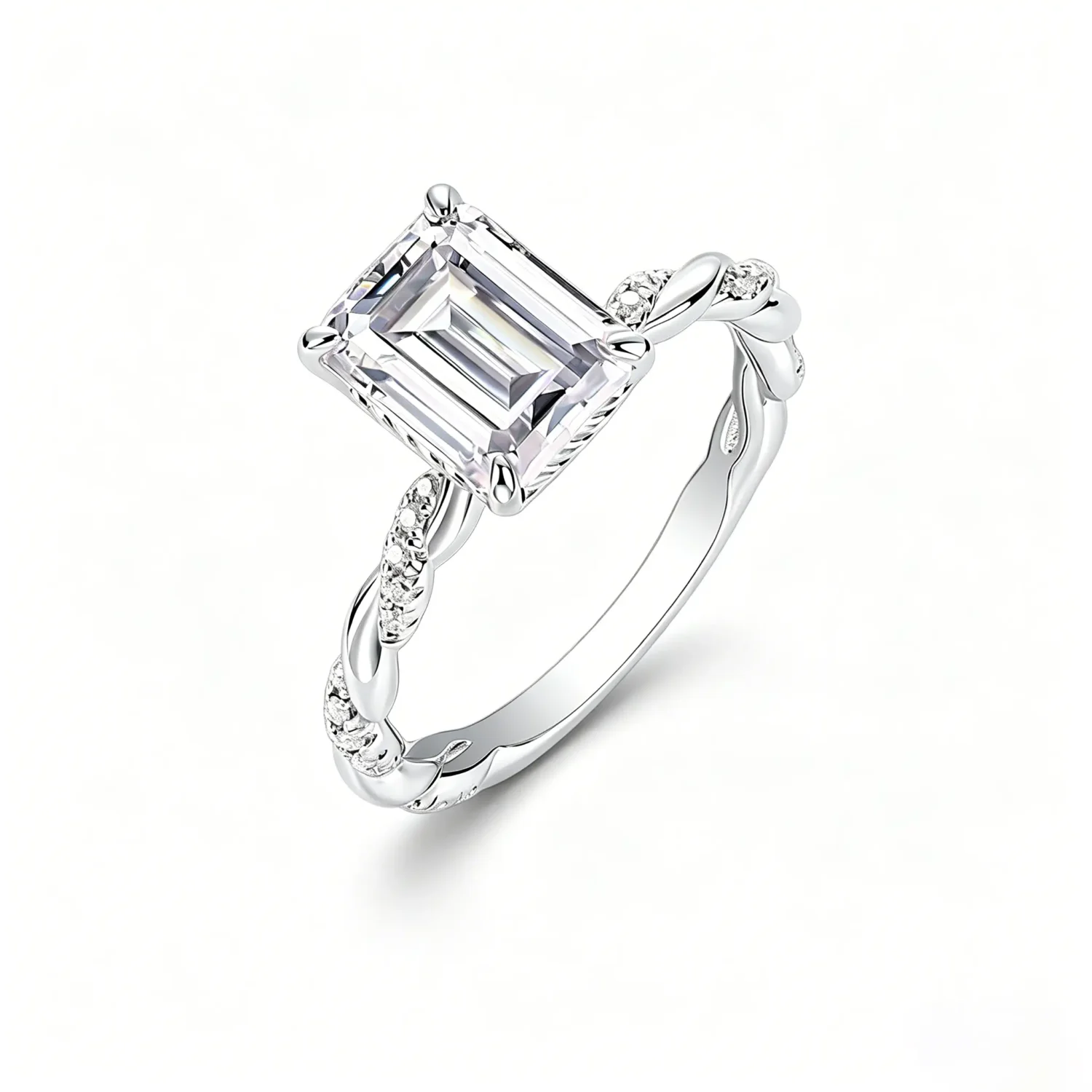 3ct S925 Sterling Silver Twisted Moissanite Emerald Cut Ring
