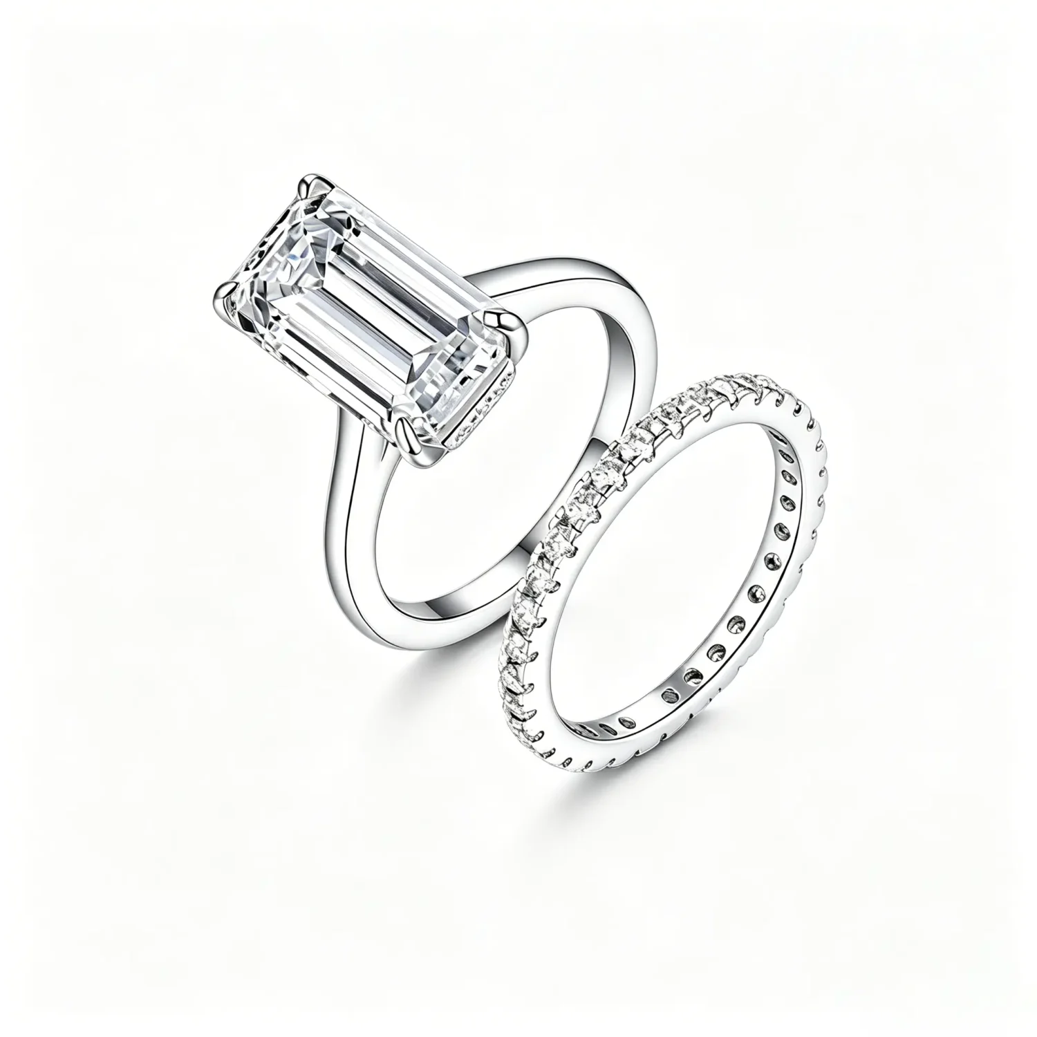 5ct Sterling Silver Emerald Cut Moissanite Engagement Ring Set