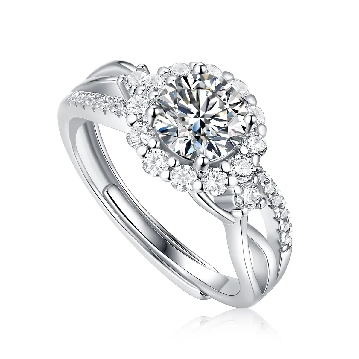 Chic 1ct S925 Sterling Silver Halo Moissanite Flower Ring