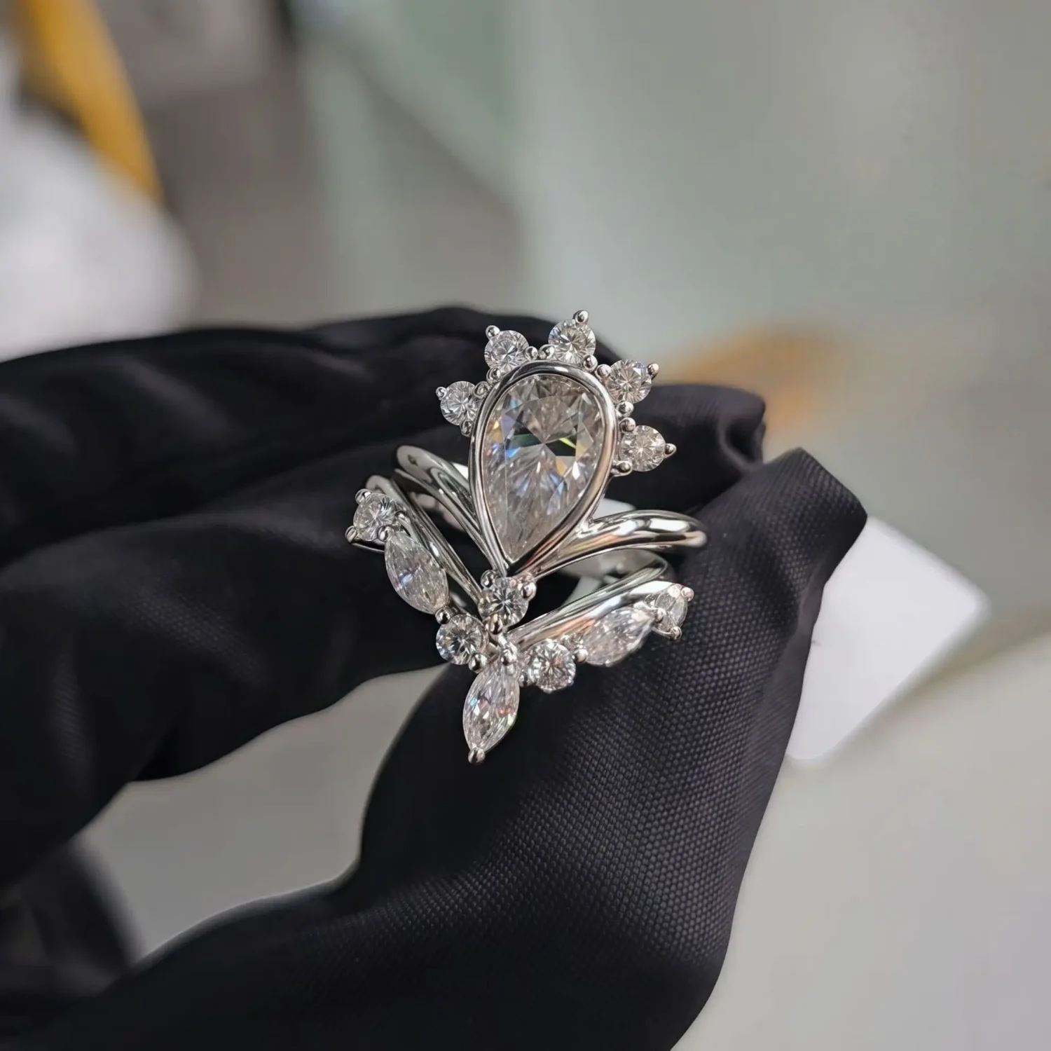 Elegant Sterling Silver 3ct Pear Shaped Moissanite Bridal Ring Set - Image 6