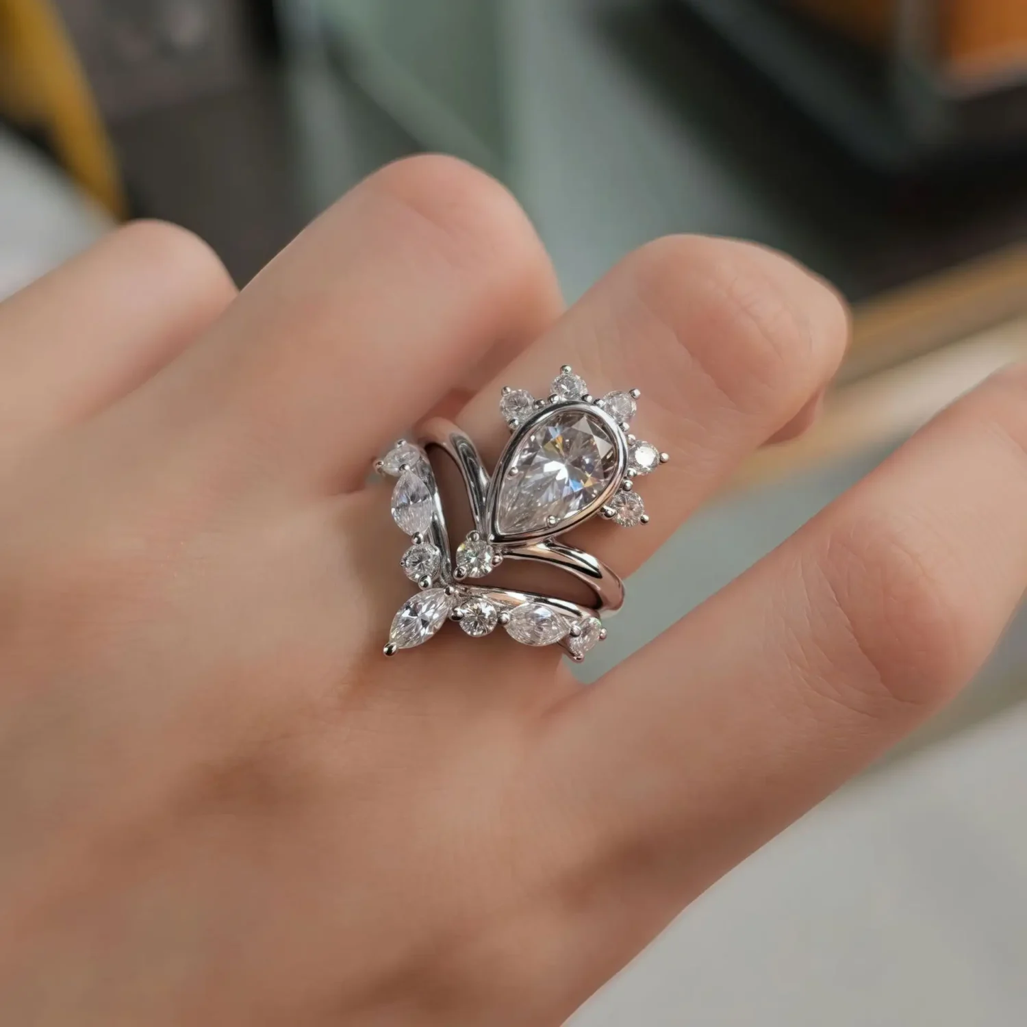 Alternative view of Elegant Sterling Silver 3ct Pear Shaped Moissanite Bridal Ring Set