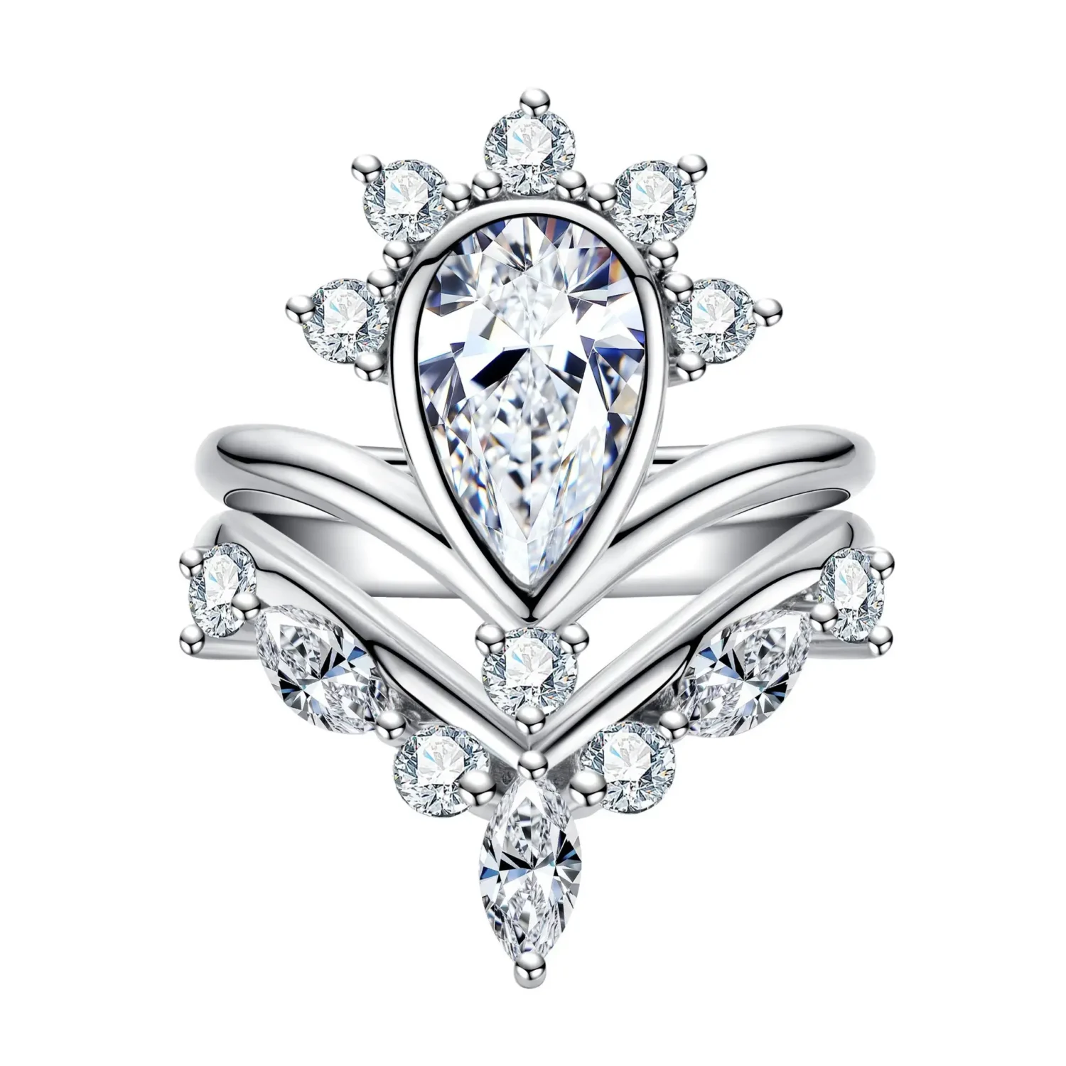 Elegant Sterling Silver 3ct Pear Shaped Moissanite Bridal Ring Set