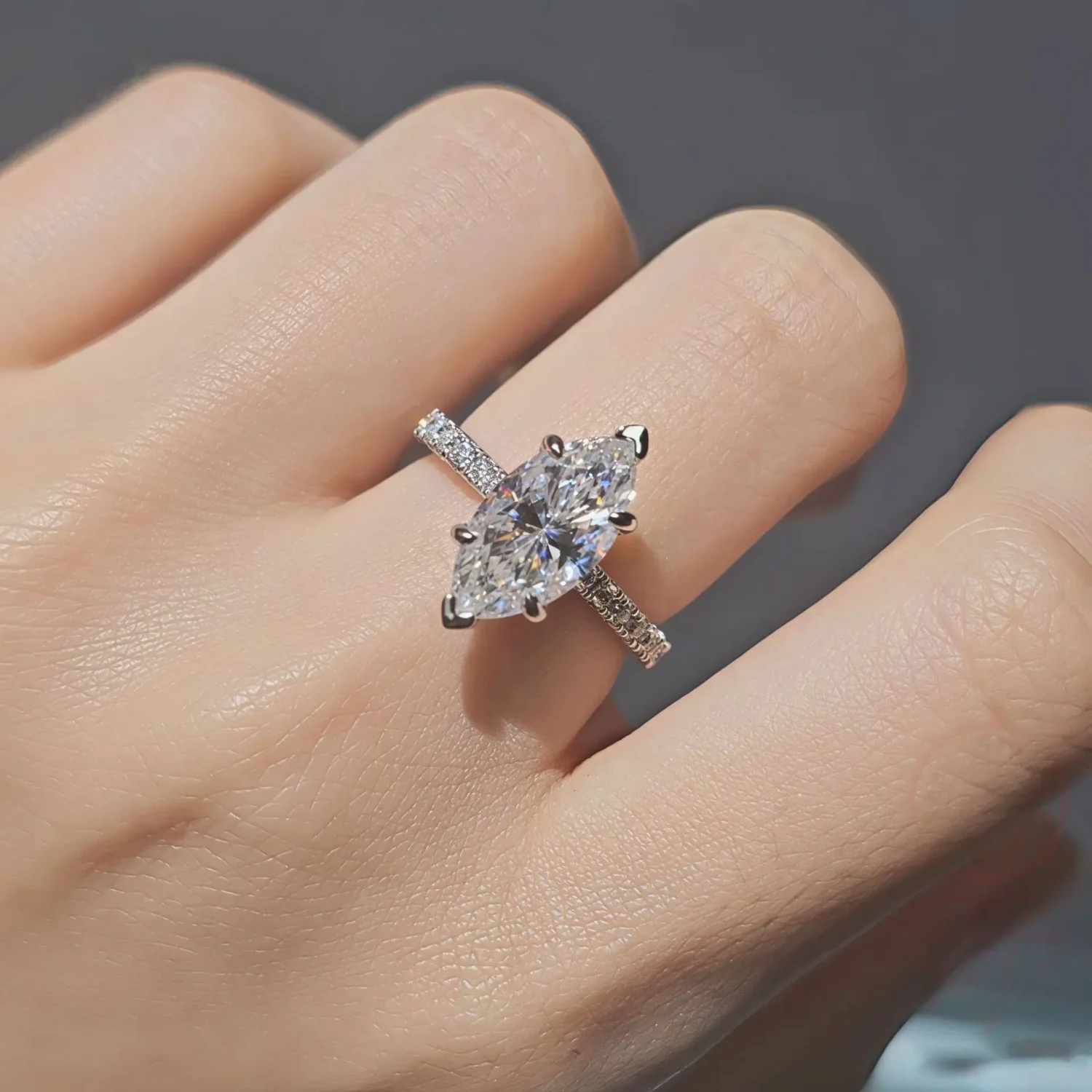Alternative view of Luxury S925 Sterling Silver Marquise Shaped 3 Carat Moissanite Ring