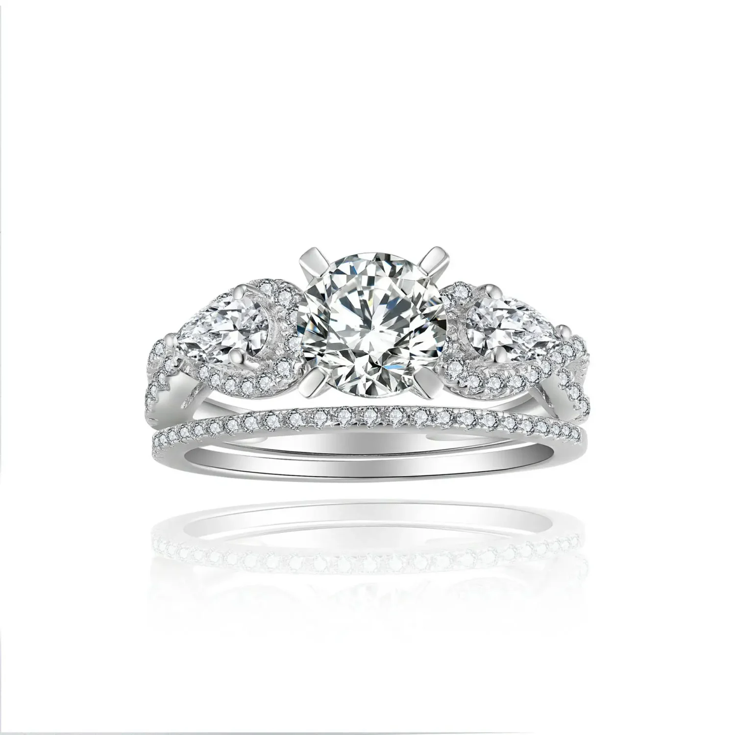 Luxury Three Stone Silver Moissanite Ring Set for Women