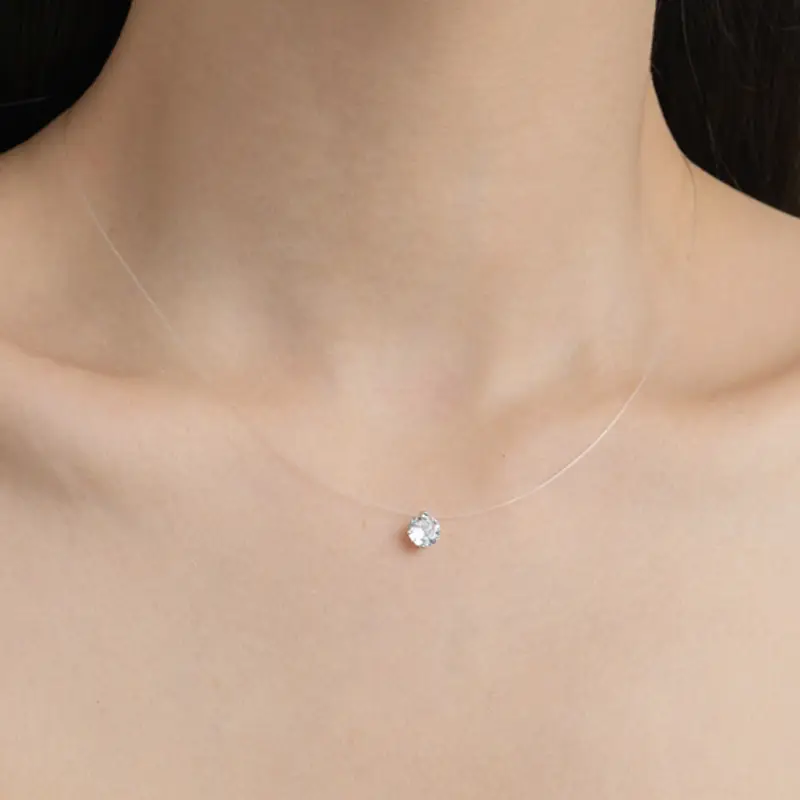 Minimalist Invisible Fishing Line Silver Solitaire Moissanite Necklace - Image 3