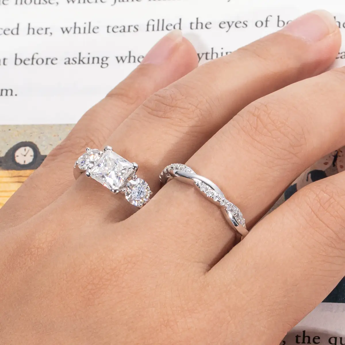 S925 Sterling Silver Twist Princess Cut Moissanite Ring Set - Image 3
