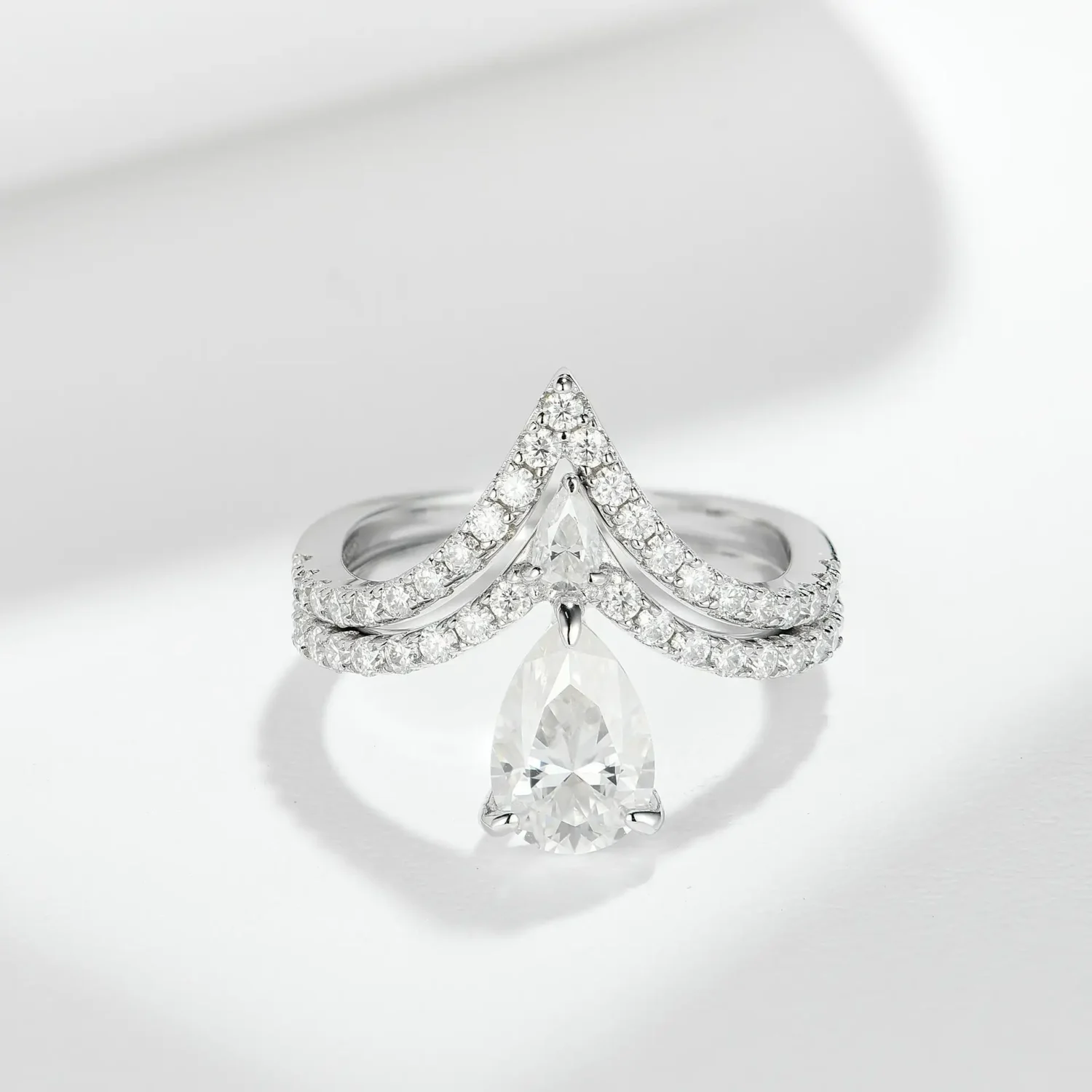 Vintage S925 Sterling Silver Pear Shaped Moissanite Rings Set - Image 4