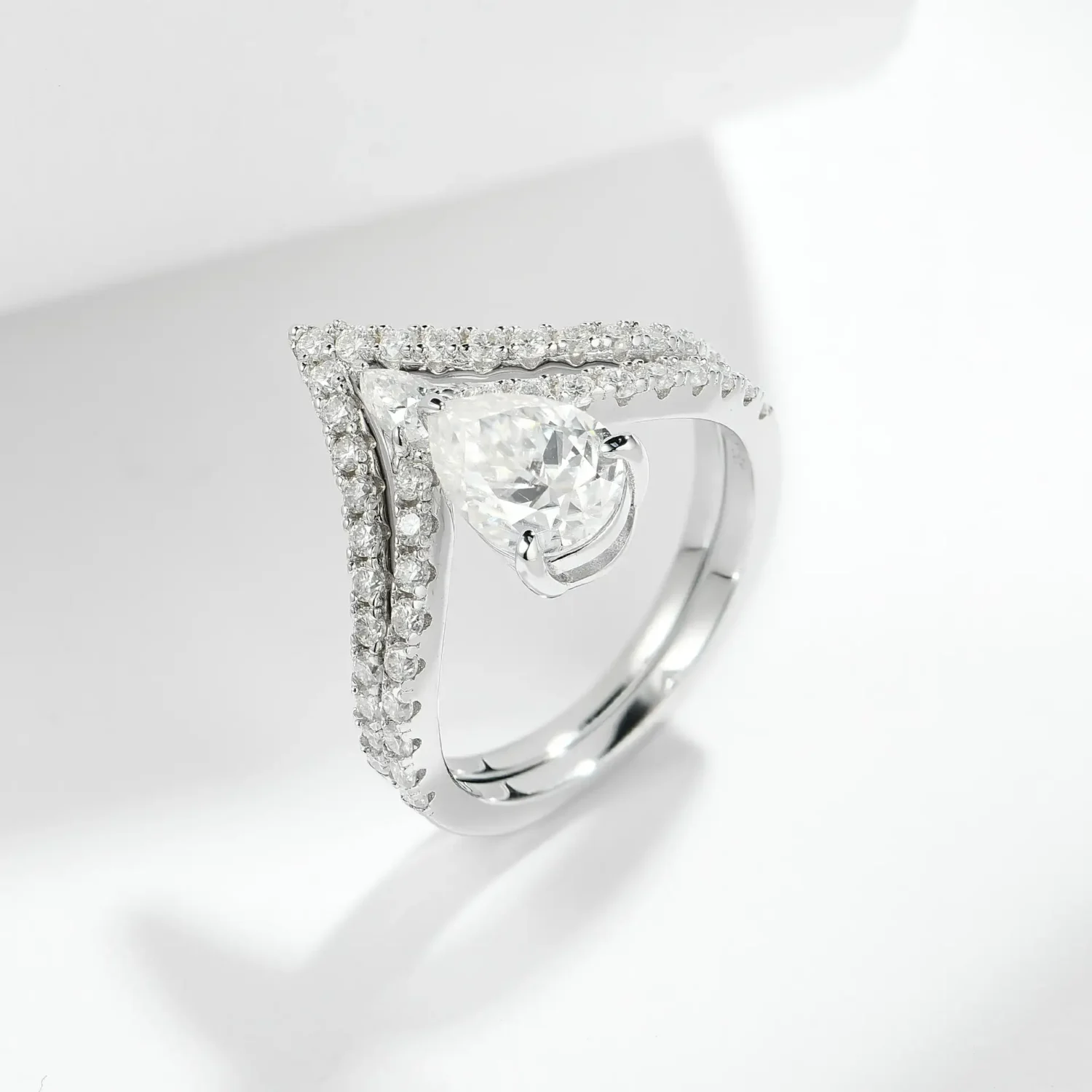 Vintage S925 Sterling Silver Pear Shaped Moissanite Rings Set - Image 3