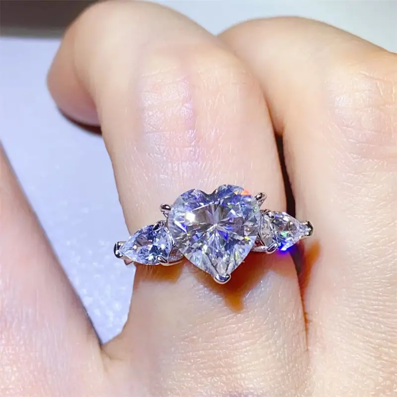 Alternative view of 1-3ct S925 Sterling Silver Womens 3 Stone Heart Moissanite Ring