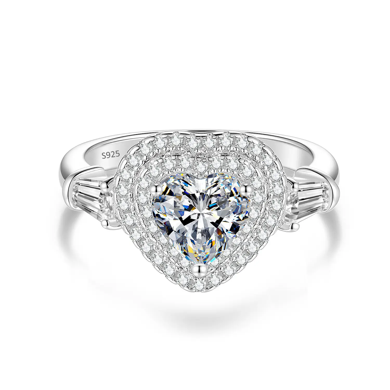 1ct S925 Sterling Silver 3 Stone Double Halo Heart Moissanite Ring