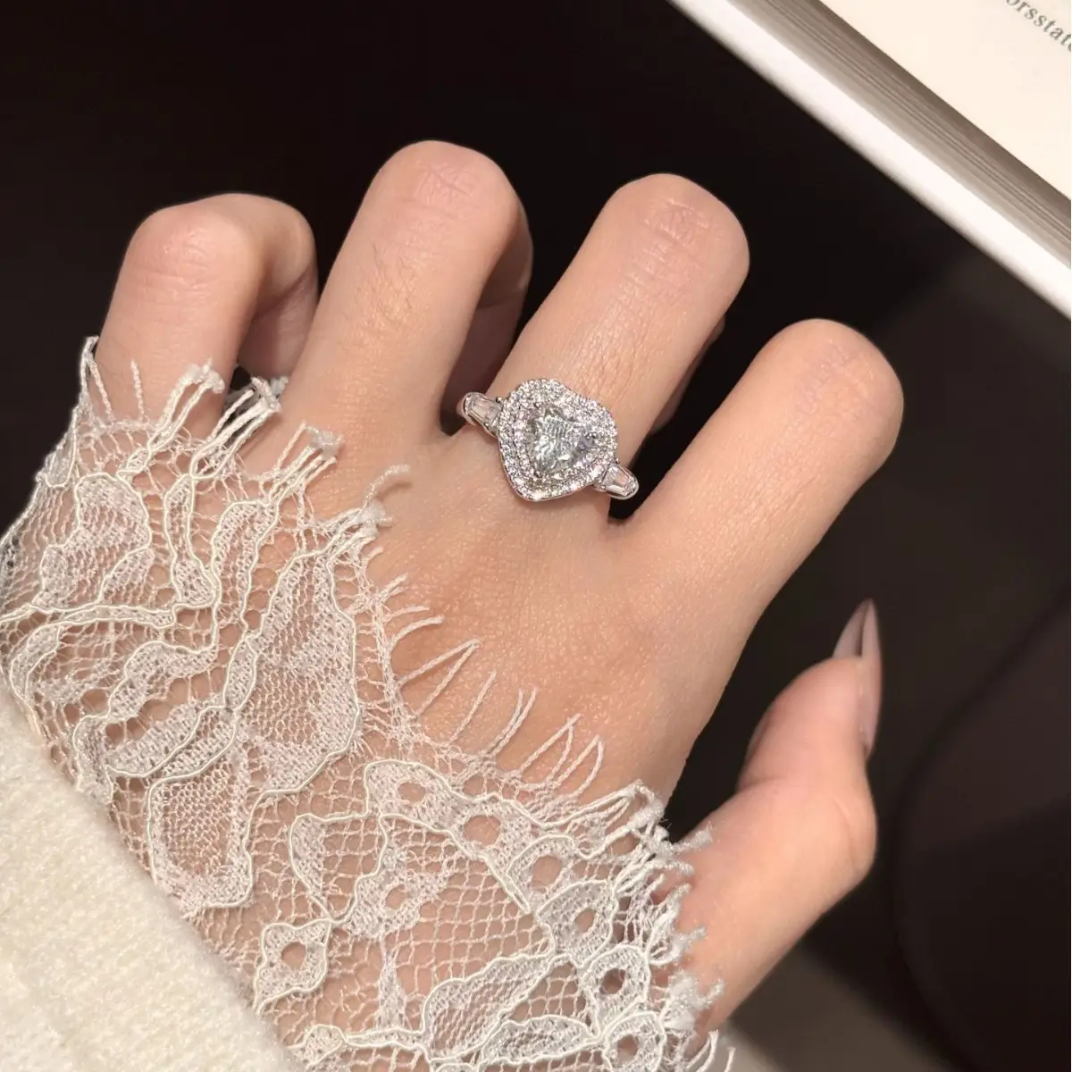 Alternative view of 1ct S925 Sterling Silver 3 Stone Double Halo Heart Moissanite Ring