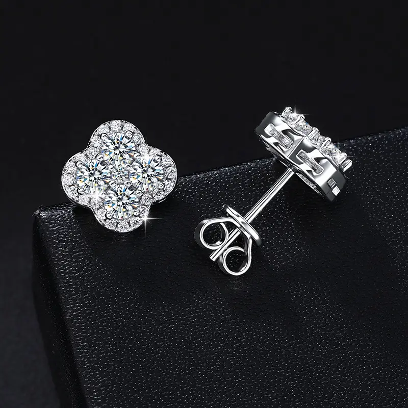 Dainty Silver Four-Leaf Clover Moissanite Earrings for Women - Image 4