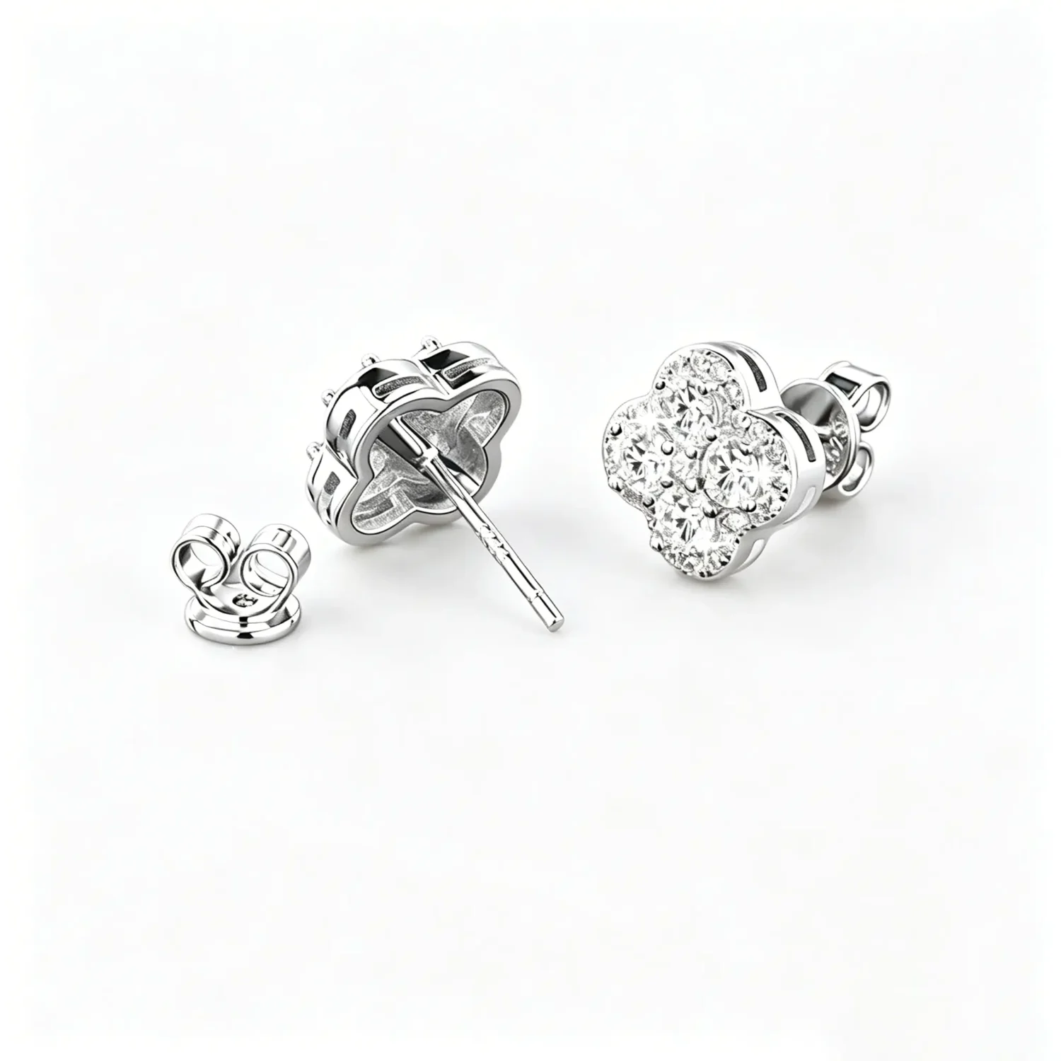 Dainty Silver Four-Leaf Clover Moissanite Earrings for Women