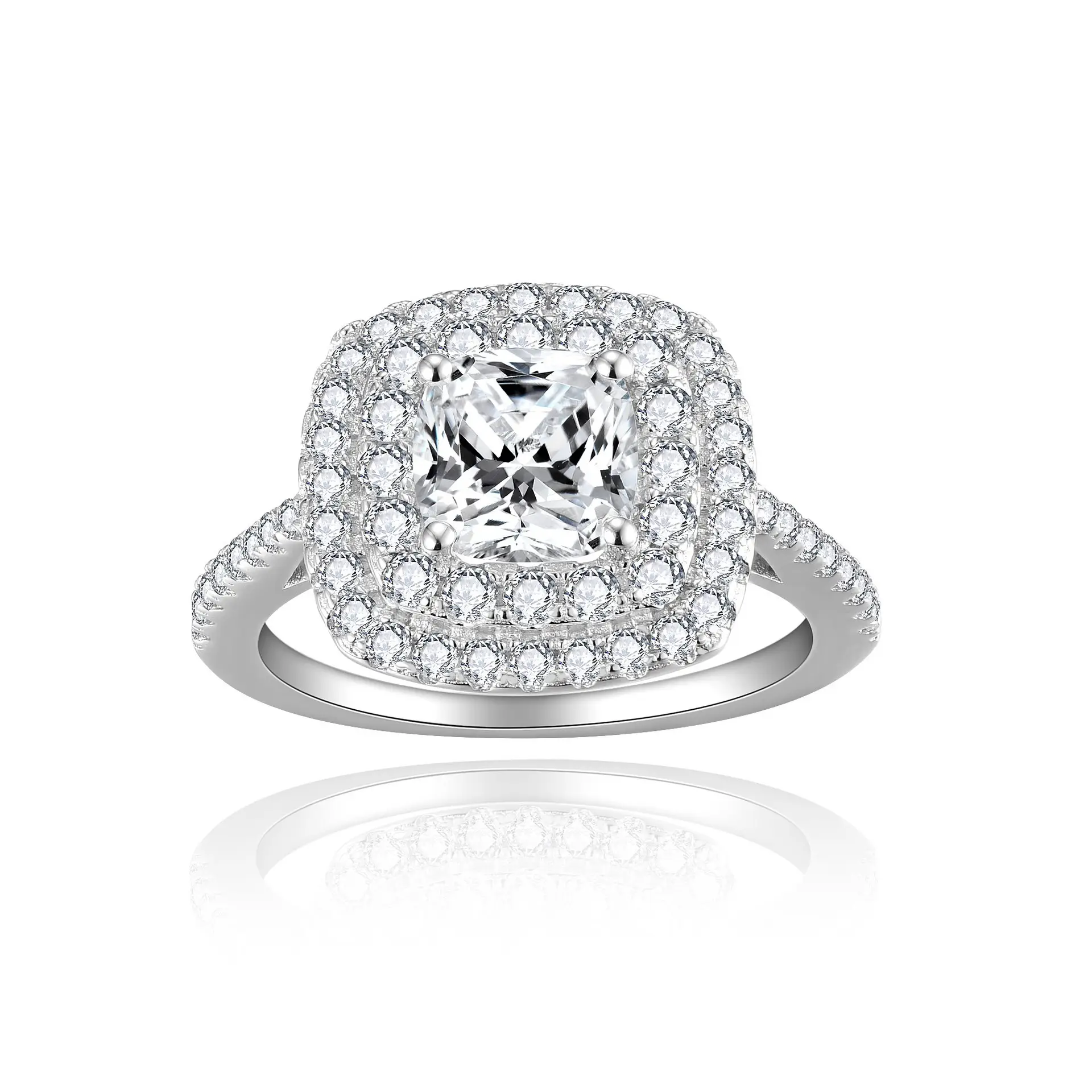 Fireful Double Halo Sterling Silver Cushion Moissanite Ring