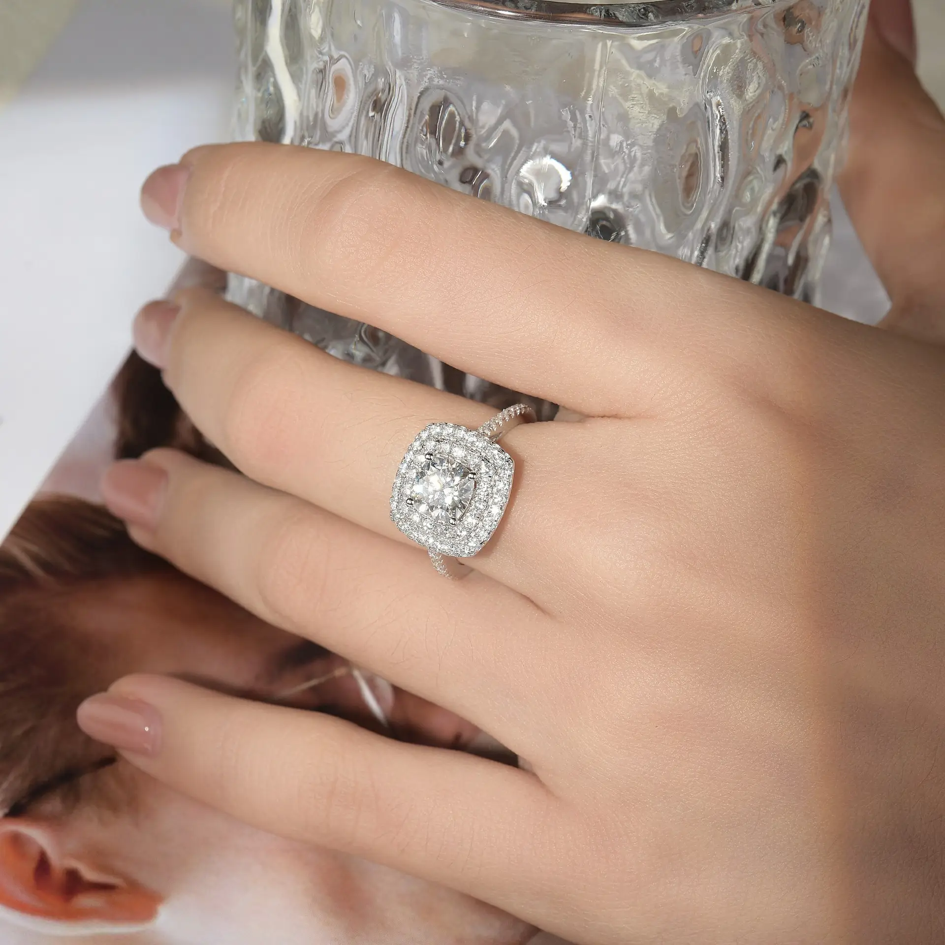 Fireful Double Halo Sterling Silver Cushion Moissanite Ring - Image 2