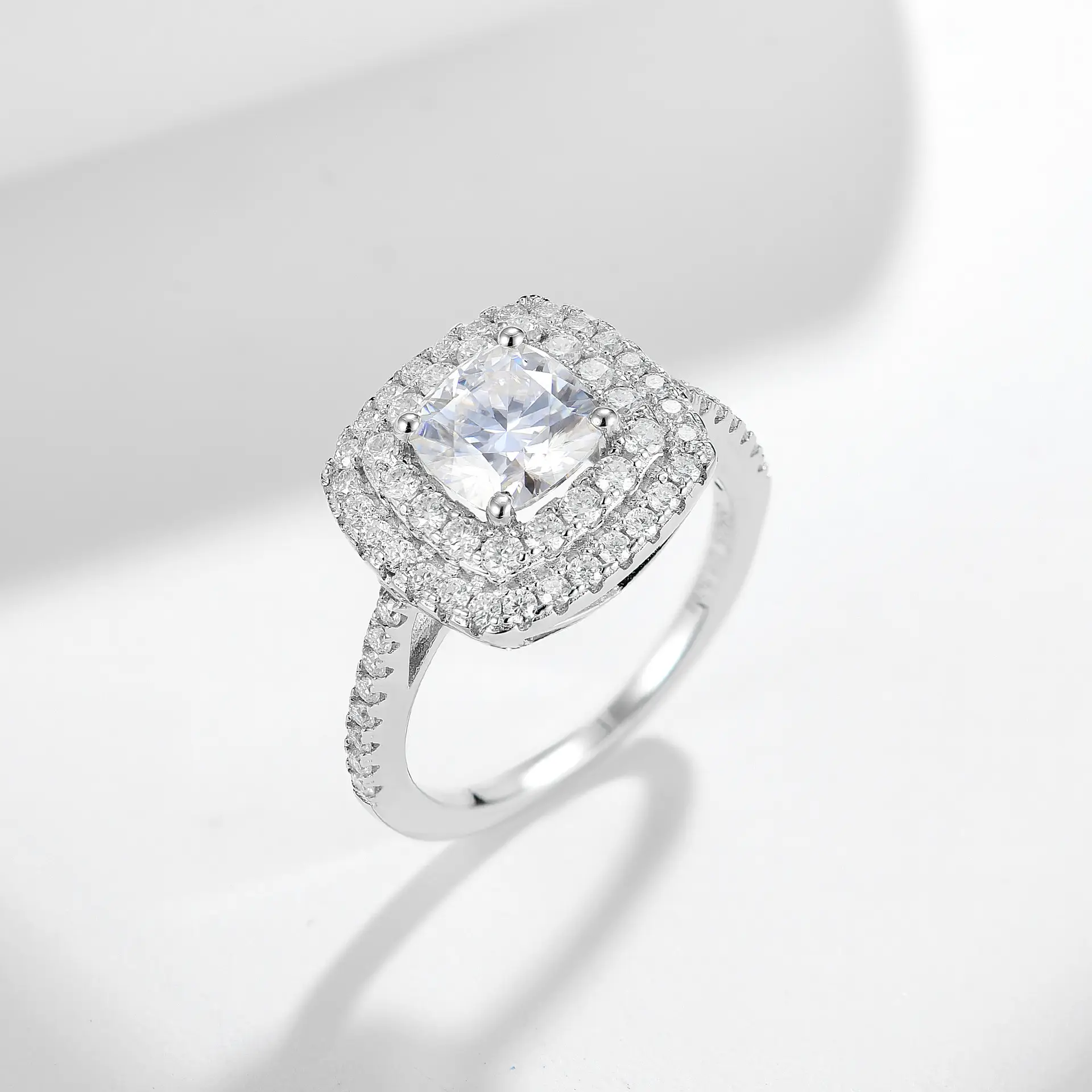 Fireful Double Halo Sterling Silver Cushion Moissanite Ring - Image 3