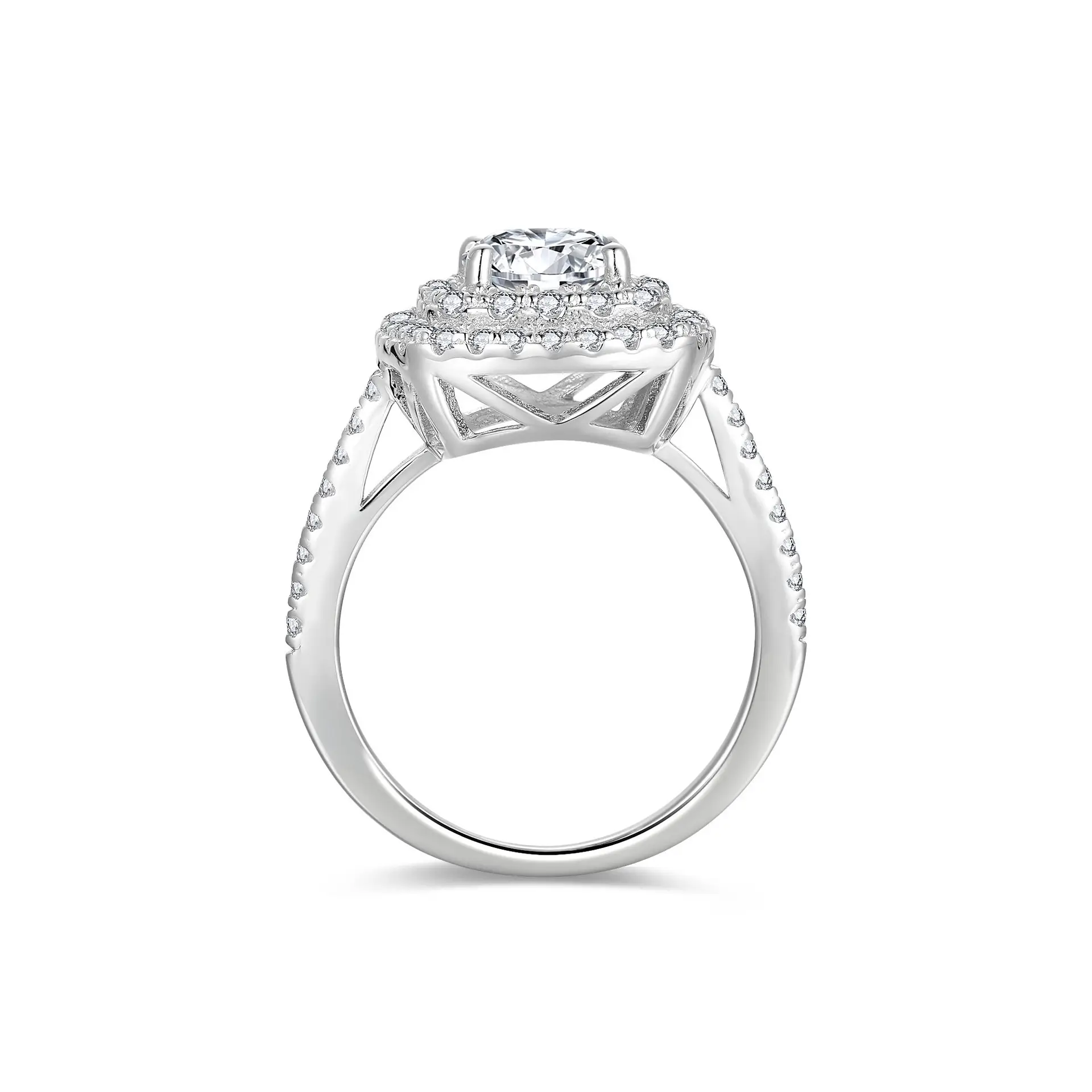 Fireful Double Halo Sterling Silver Cushion Moissanite Ring - Image 4