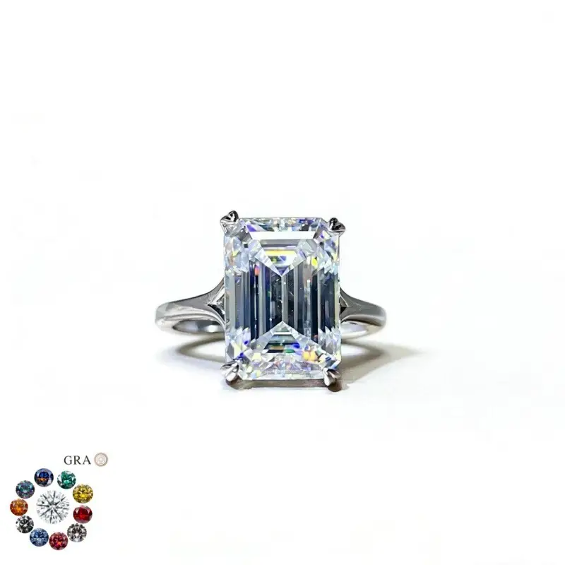 Luxury Emerald Cut S925 Sterling Silver 10 Carat Moissanite Ring