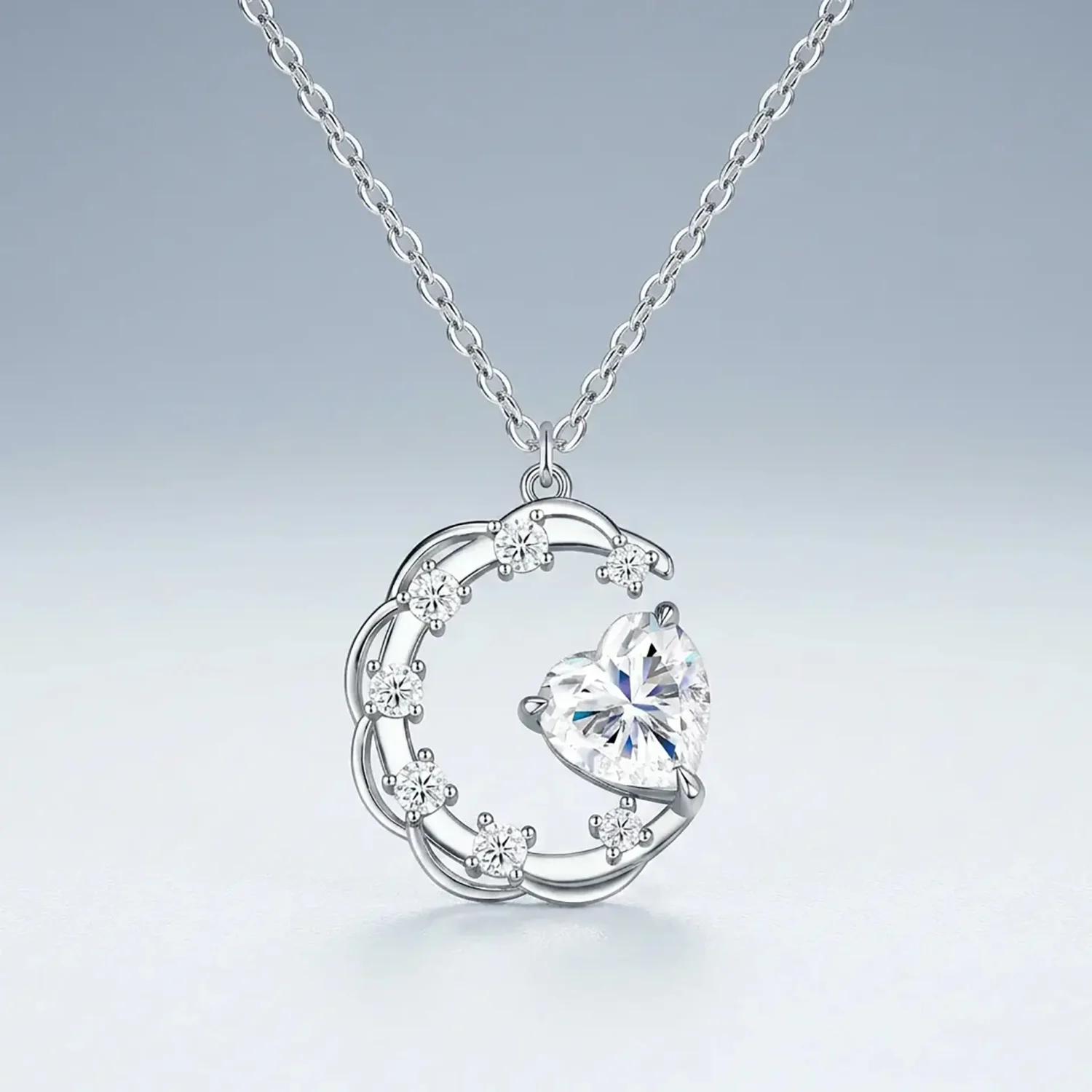 2ct Silver Moon heart-shaped moissanite necklace for Women