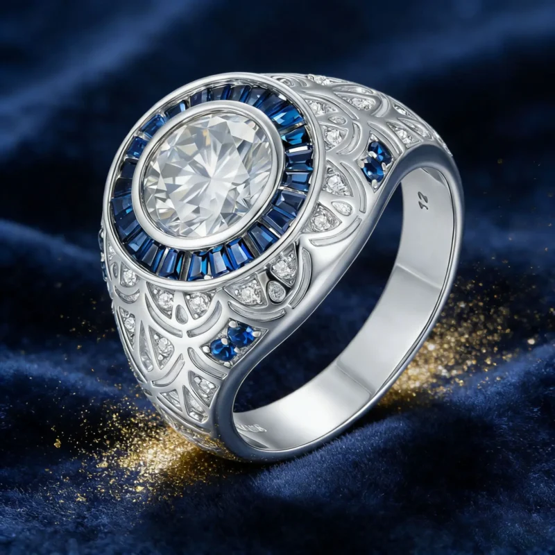 Blue S925 Sterling Silver Men's Moissanite Ring
