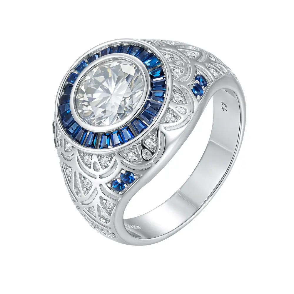 Blue S925 Sterling Silver Men's Moissanite Ring