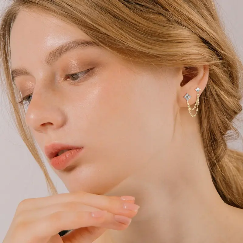 Alternative view of Double Piercing Four-Leaf Clover Moissanite Stud Earring