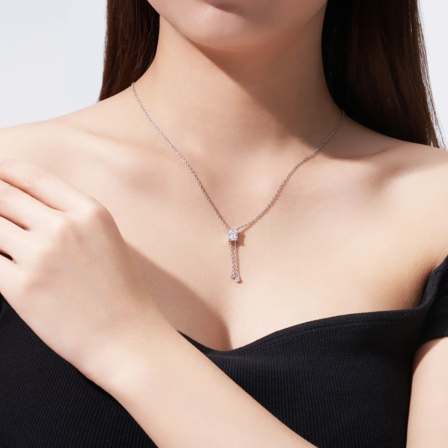 Alternative view of Elegant S925 Sterling Silver Emerald Cut Moissanite Necklace