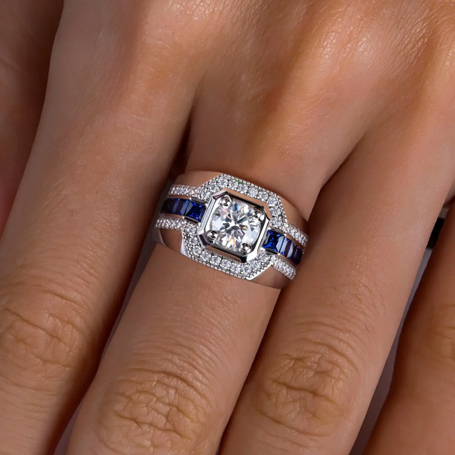 Alternative view of Modern Sterling Silver Moissanite Men's Ring with Blue Stone