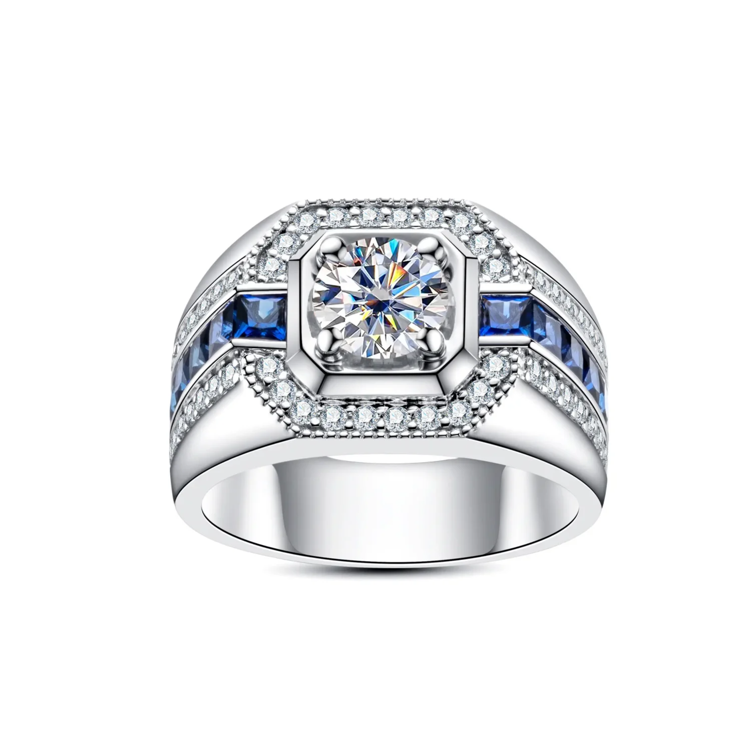 Modern Sterling Silver Moissanite Men's Ring with Blue Stone