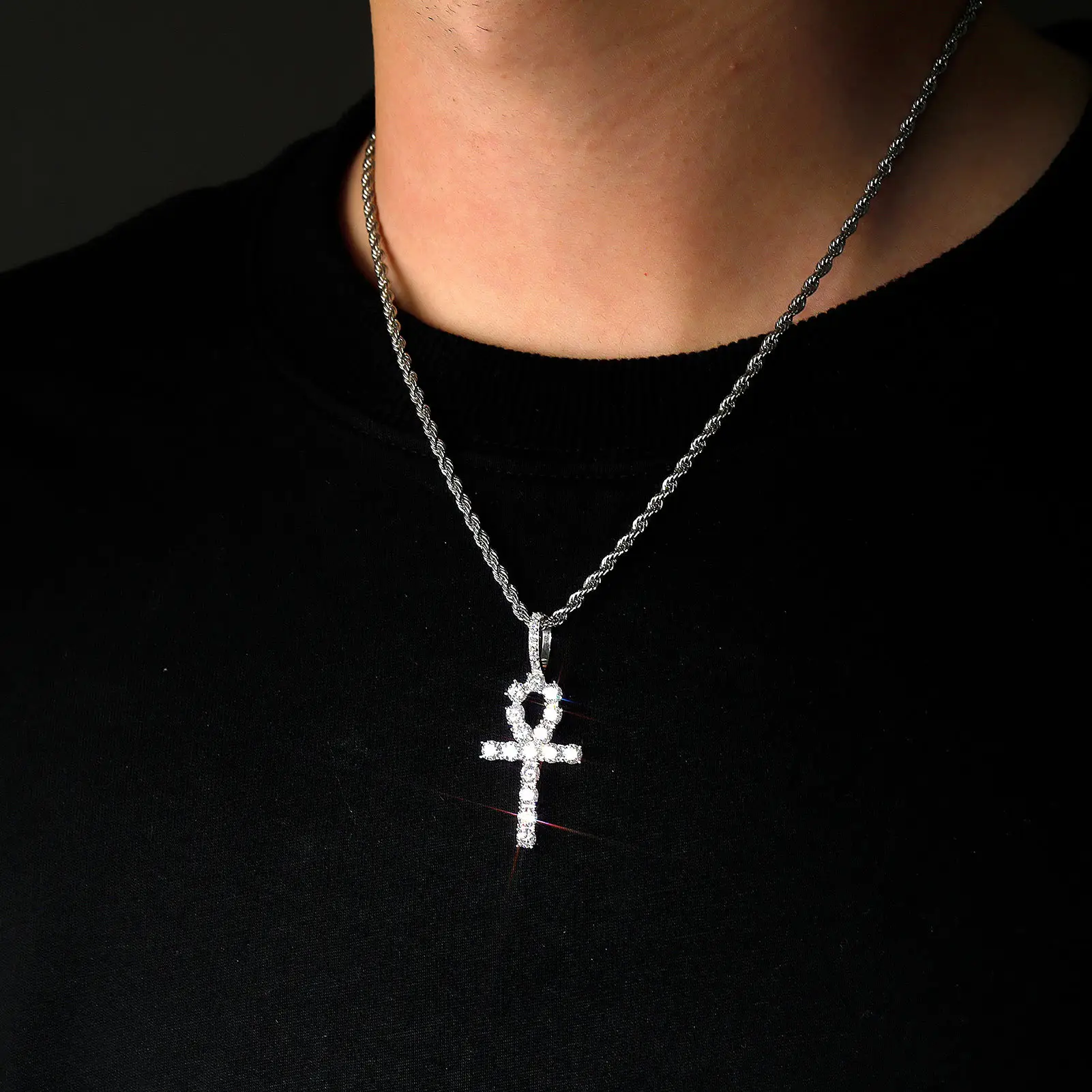 S925 Sterling Silver Ankh Cross Moissanite Necklace - Image 2