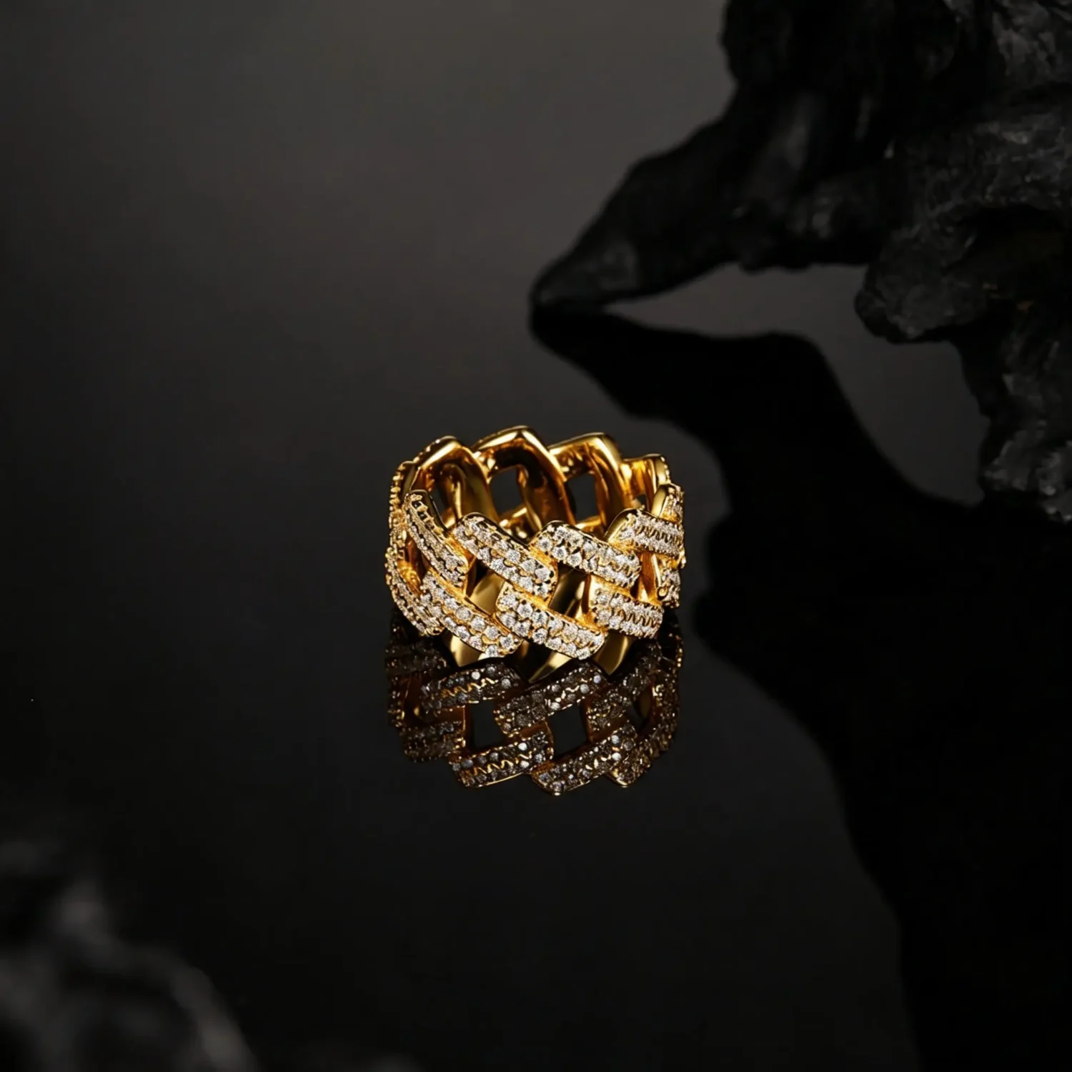 S925 Sterling Silver Moissanite Cuban Ring with Gold Plated - Image 3