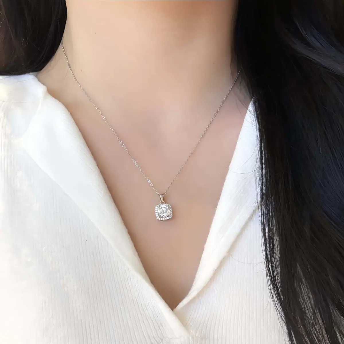 Alternative view of 1-2ct S925 Sterling Silver Halo Round Moissanite Necklace