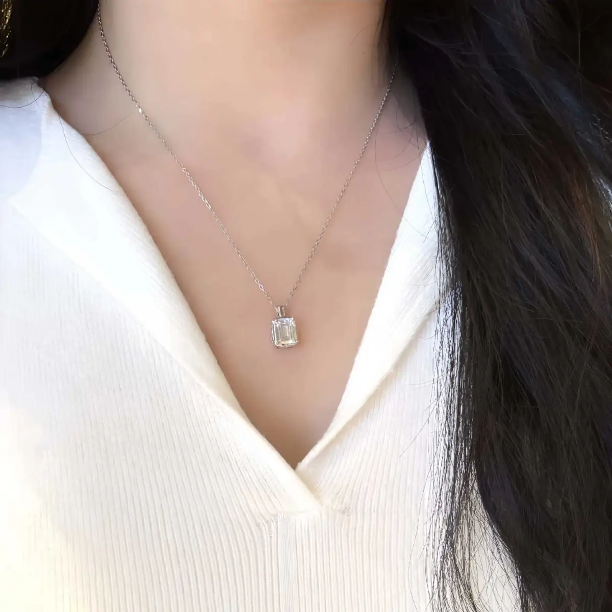 Alternative view of 1-2ct Silver Emerald Cut Bezel Moissanite Necklace