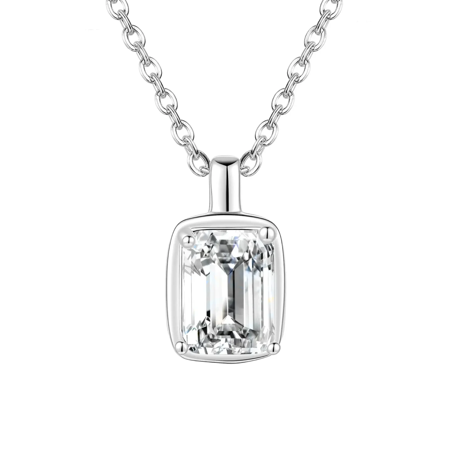 1-2ct Silver Emerald Cut Bezel Moissanite Necklace