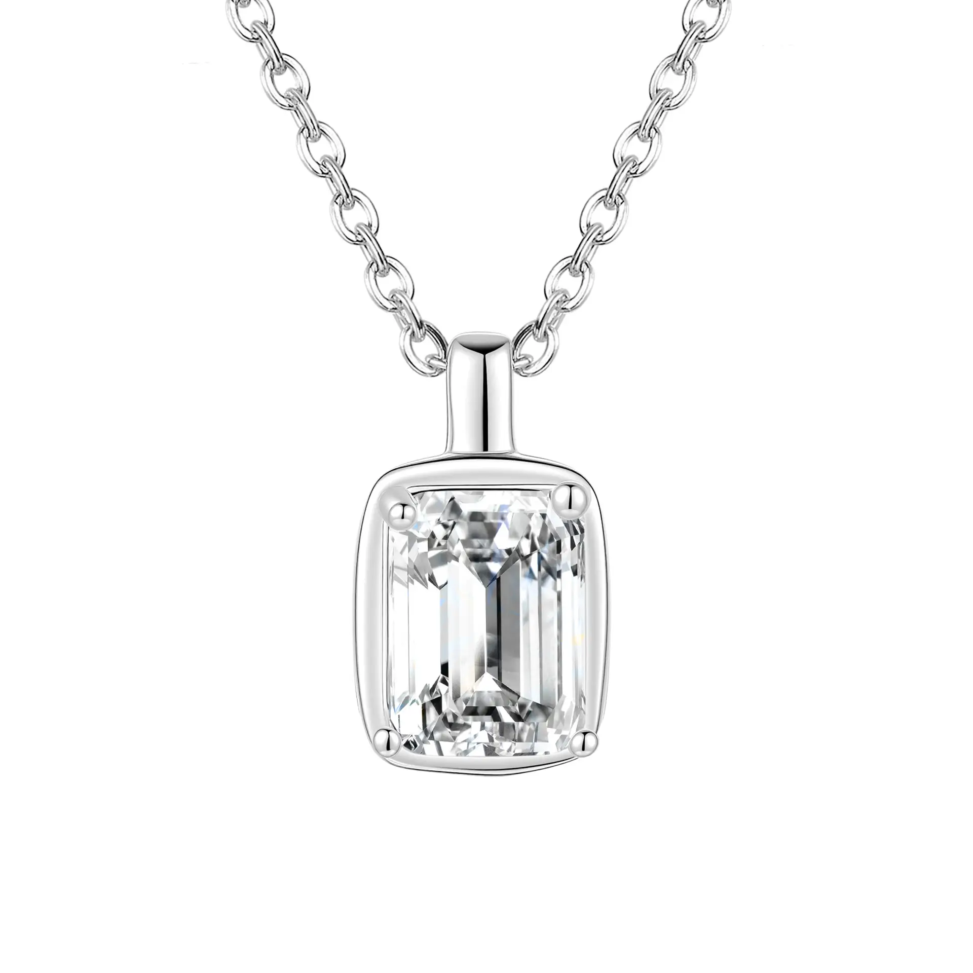 1-2ct Silver Emerald Cut Bezel Moissanite Necklace