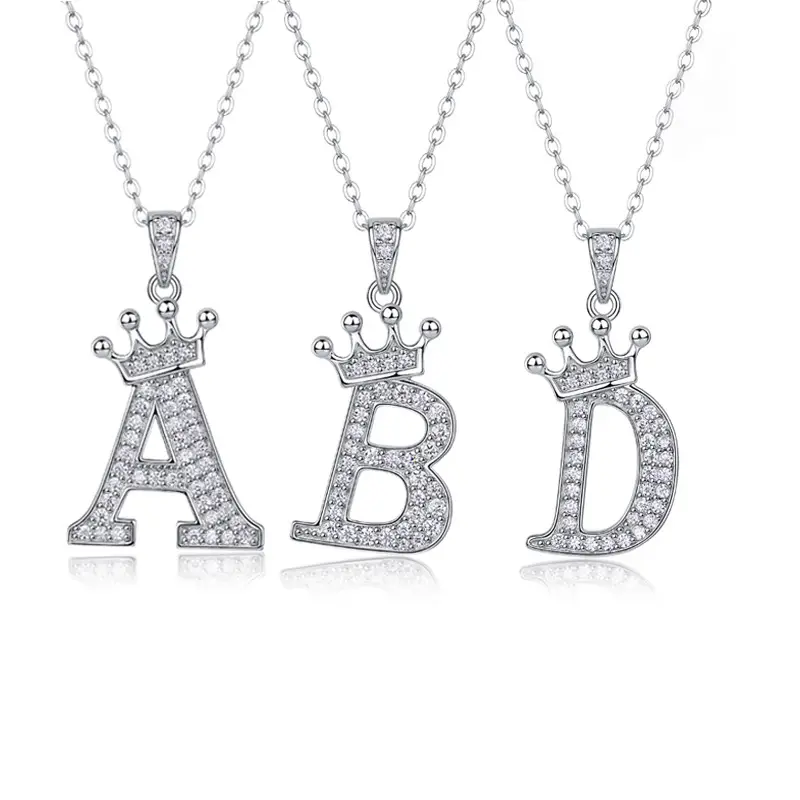Chic S925 Sterling Silver Crown Letter Moissanite Necklace
