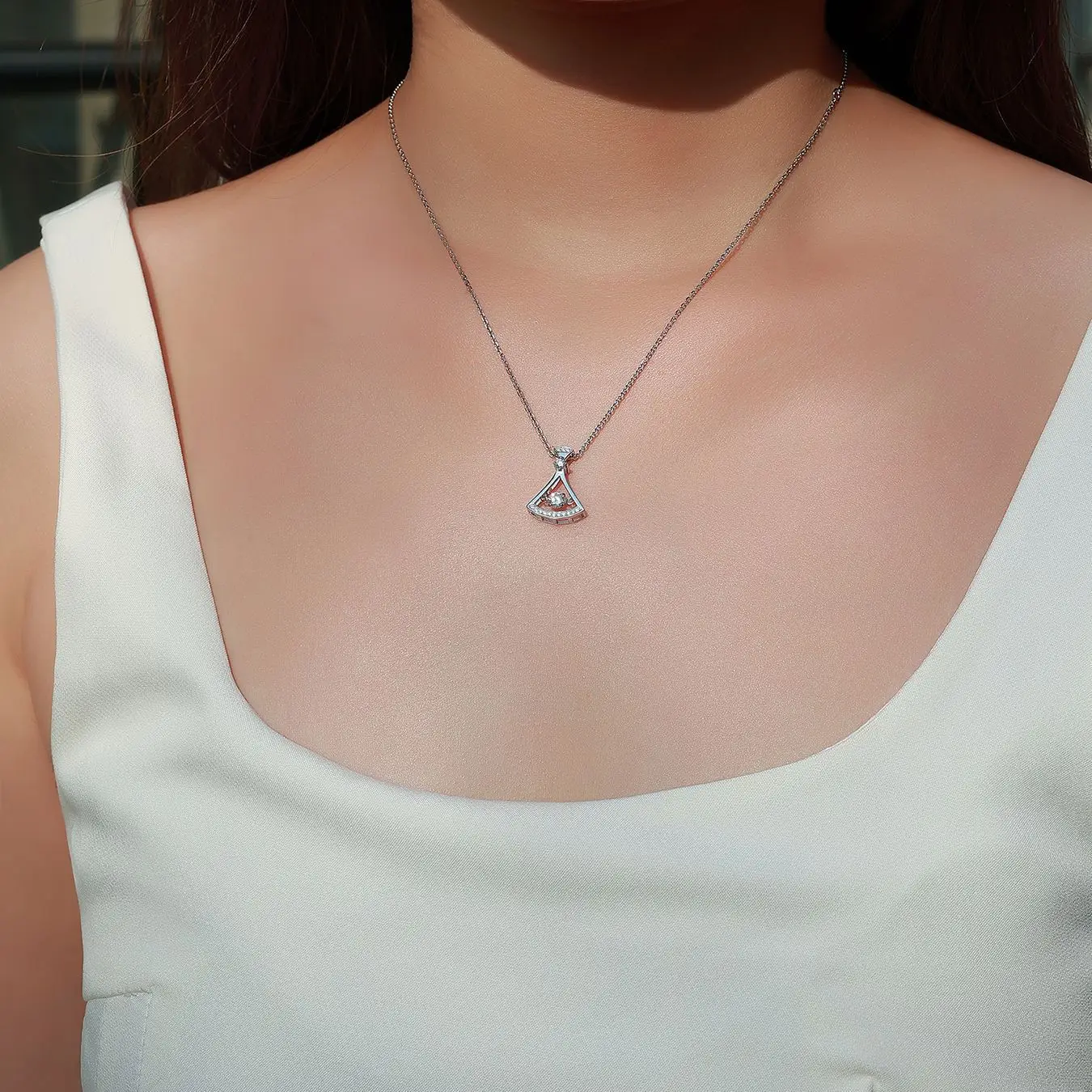 Alternative view of Dainty Fan Shaped Gold Plated Moissanite Diamond Necklace