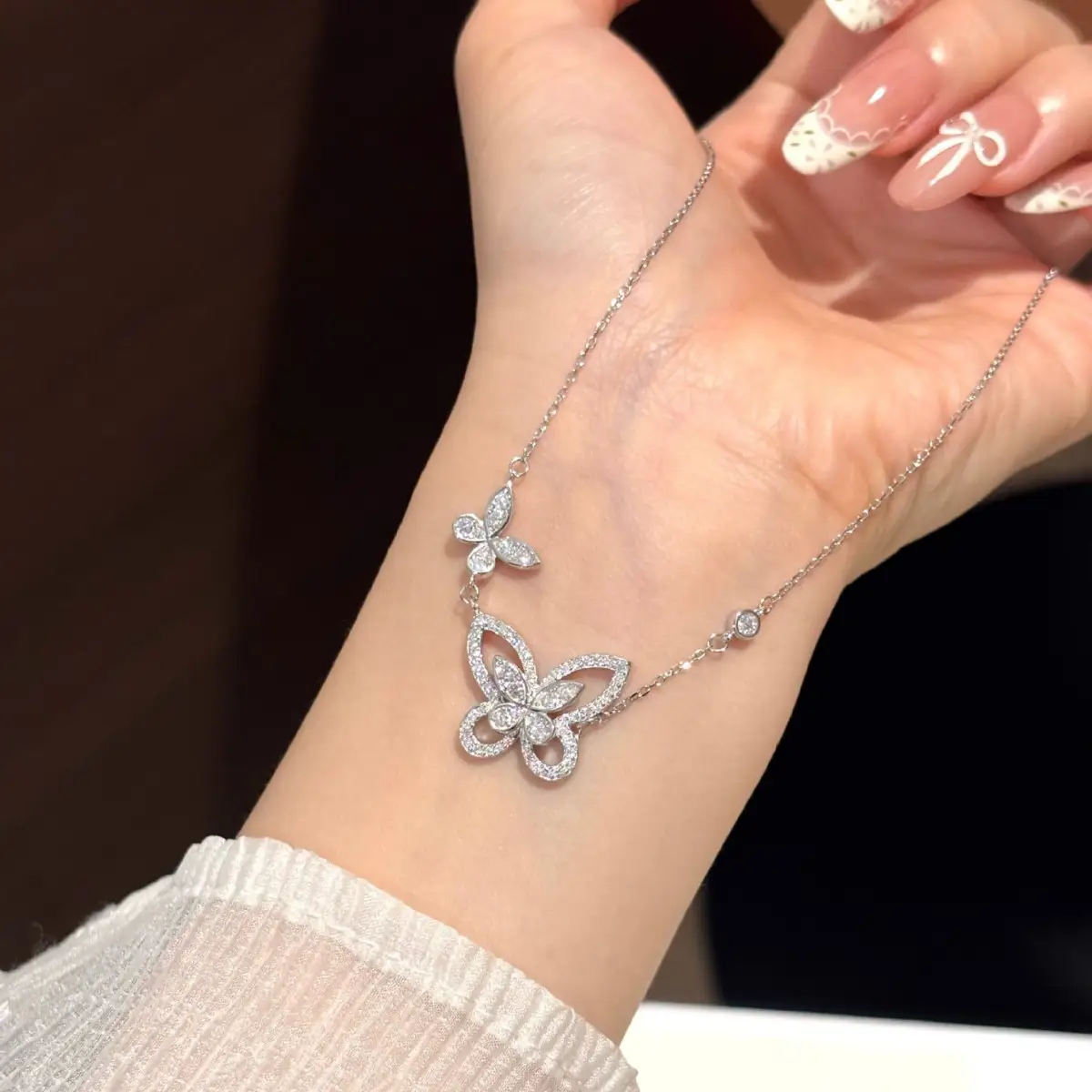 Alternative view of Elegant S925 Sterling Silver Double Butterfly Moissanite Necklace