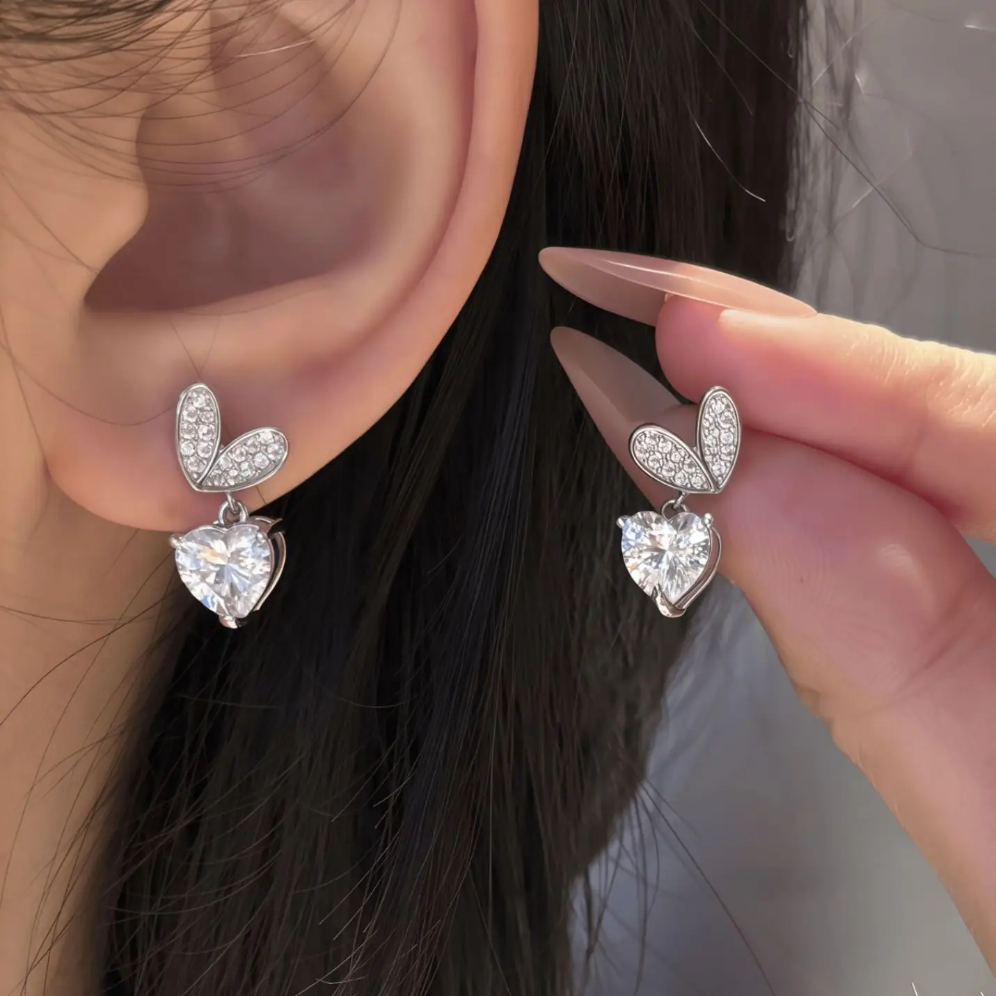 Alternative view of S925 Sterling Silver Heart Cut Moissanite Drop Earrings