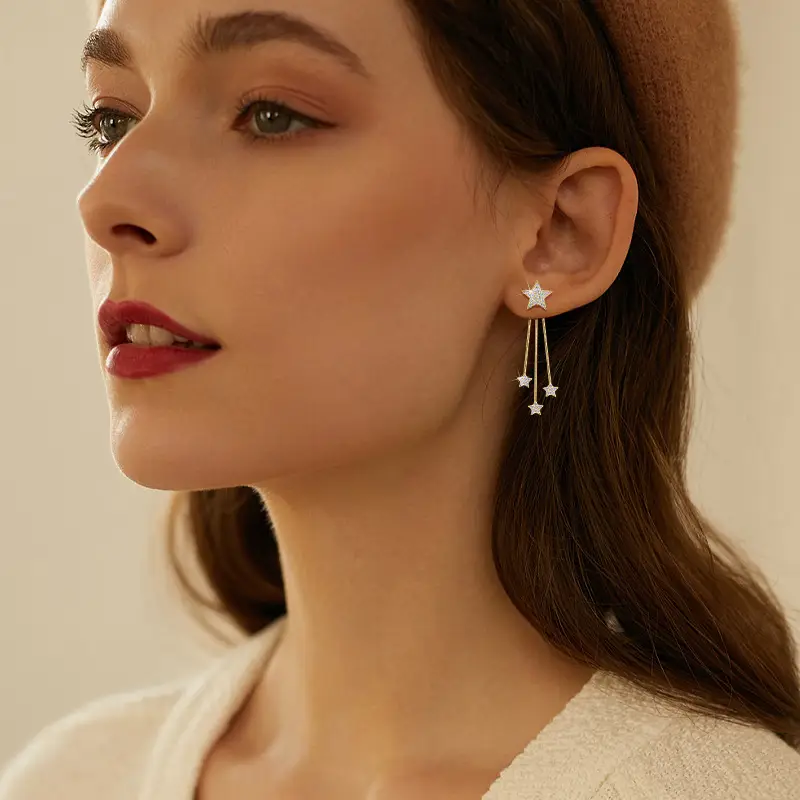 Alternative view of S925 Sterling Silver Star Moissanite Earring with Tassel