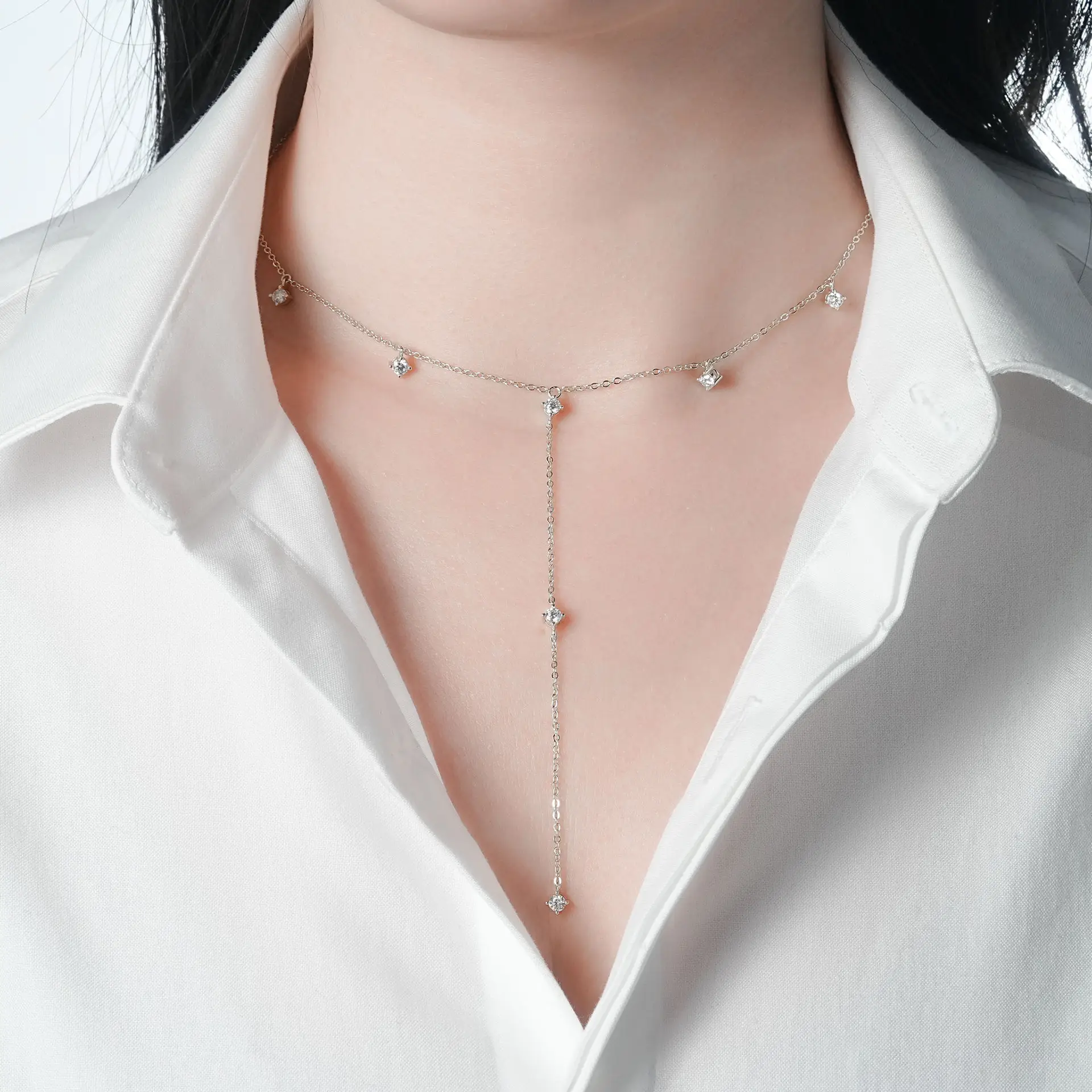 S925 Sterling Silver Y-shaped Moissanite Station Necklace - Image 2