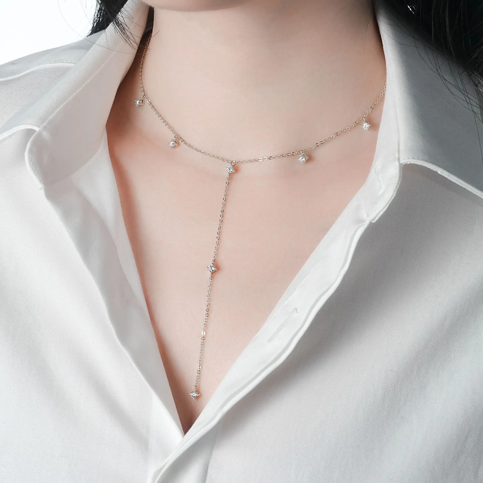 S925 Sterling Silver Y-shaped Moissanite Station Necklace - Image 3
