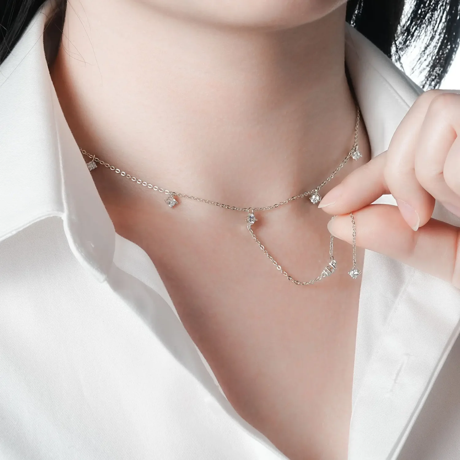 S925 Sterling Silver Y-shaped Moissanite Station Necklace - Image 4