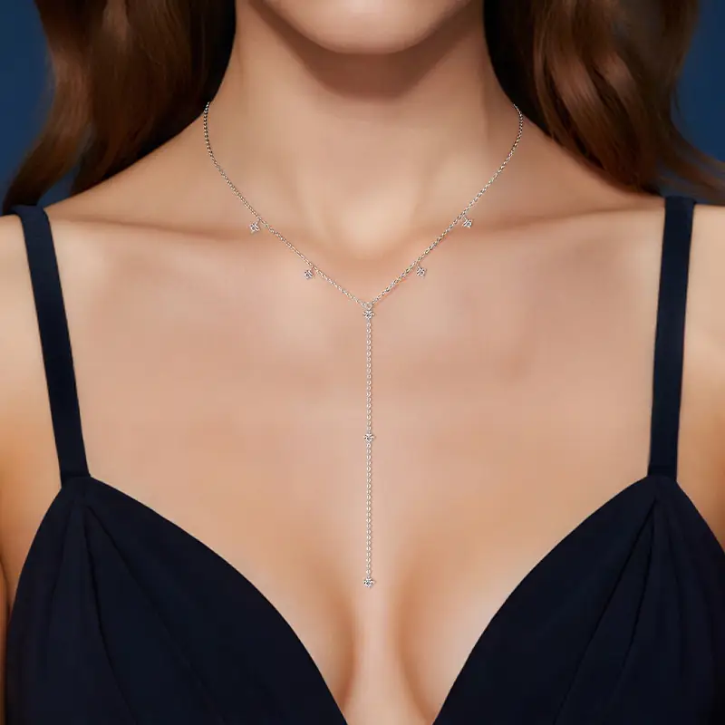 S925 Sterling Silver Y-shaped Moissanite Station Necklace - Image 6